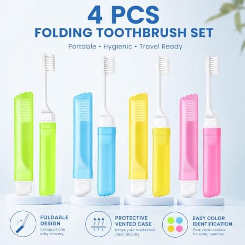 4Pcs Travel Toothbrush, Foldable Soft Bristle Toothbrushes with Travel Case, Portable Mini Toothbrush Set for Adults Kids, Camping Hiking Hotel Home Oral Care (Blue, Pink, Green, Yellow) — view 2