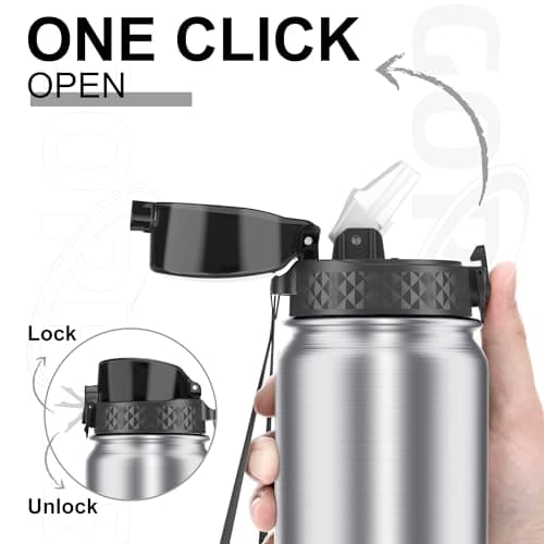 GOPPUS 1L/32oz Stainless Water Bottle with Straw Double Wall Insulated Bottles with Strap Reusable Vacuum Thermal Flask Leakproof Keep Cold Drinks Bottles with Flip Top Lid BPA Free (Silver) — view 2