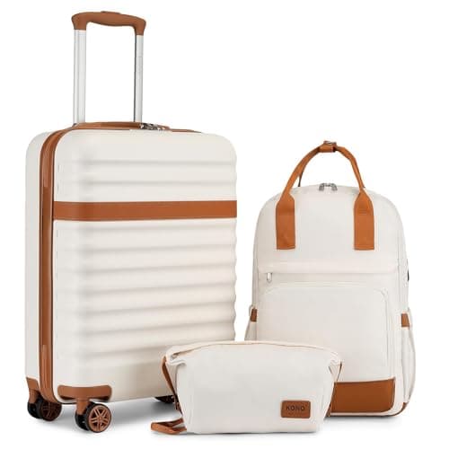 Kono 20 Inch Cabin Luggage Set with Backpack Toiletry Bag (Cream/Brown)