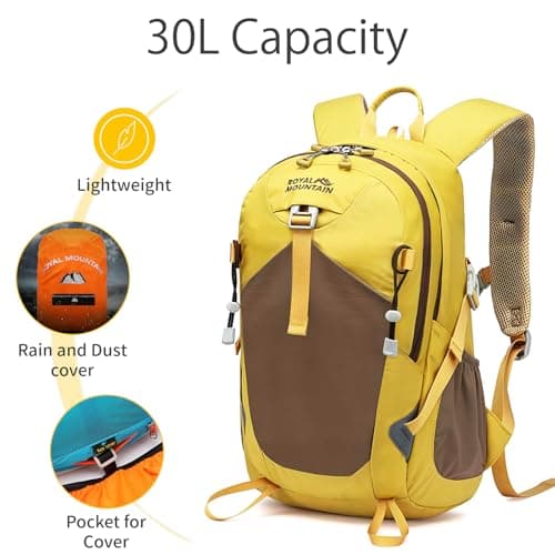 Lightweight Hiking Backpack, 30L Women/Men Waterproof Travel Rucksack Bag with Rain Cover, Outdoor Small Foldable Daypack for Student, Fit for 15.6 inch Laptop (Yellow, 30L) — view 3