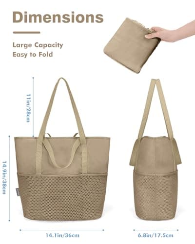 Beach Bag with Zip and Pockets Small Beach Tote Bags for Women, Khaki — view 4