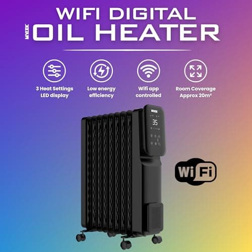 MYLEK Oil Filled Radiator Portable Smart Heater 2KW WiFi App Enabled, 3 Heat Settings, Timer, LED Display, Energy Electric Efficient, Safety Tip Over Protection (Black 2000W) — view 2