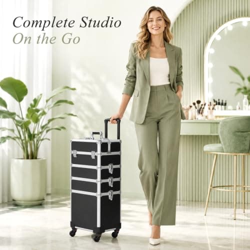 Professional Rolling Makeup Case with Wheels,Large Makeup Trolley on Wheels,4-in-1 Detachable Cosmetic Organiser Suitcase,Multi-Layer Storage for Cosmetics&Beauty Tools,Lockable Travel Beauty Trolley — view 5