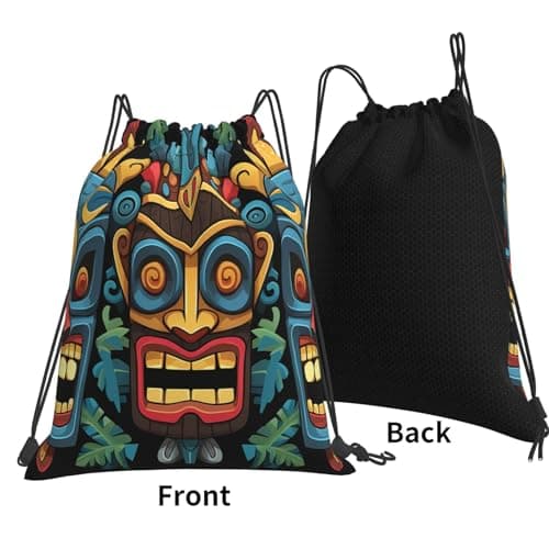 STVYUKL Cool Steampunk Gears Drawstring Backpack Lightweight Sports Gym Sack Drawstring Bags Cinch Bag Sackpack For Work Gym Swim Travel, Colorful Tiki Mask Pattern, One Size — view 2