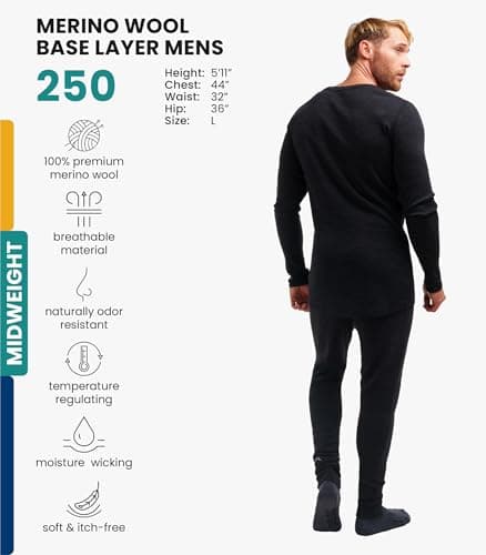 100% Merino Wool Base Layer Men Set - Thermal Underwear Mens + Hiking Socks (Medium, 250 Charcoal Grey) — view 2
