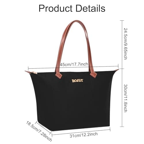 BOJLY Large Capacity Waterproof Tote Bag for Women - Foldable Reusable Shopping Bag for Travel, School & Work - Lightweight Packable Shoulder Bag, Black — view 3