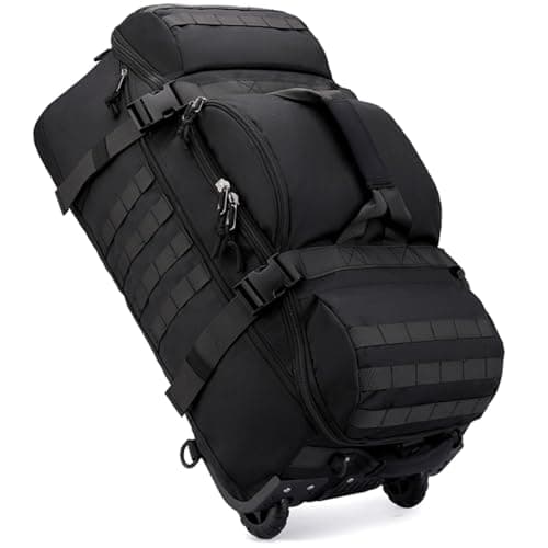 70L Wheeled Duffel Backpack Rolling Travel Bag Water Resistant Holdall with Hidden Straps Heavy Duty Foldable Sports Duffel Bag for Overnight Camping Beach Business Trip Storage (Black)