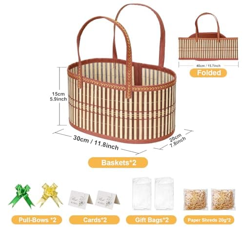 2-Pack Woven Bamboo Gift Basket Set, with 2 Bags, Bows, Cards & Fill, Easter Christmas Birthday Housewarming Hamper, Home Storage & Decor Organiser (Brown & Green) — view 2