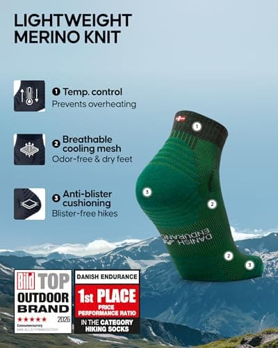 DANISH ENDURANCE Merino Wool Low Cut Hiking Socks with Lightweight Cushioning, for Men & Women, Unisex, 3 Pack, Multicolour (1x Black, 1x Dark Green, 1x Grey), 9-12 — view 2