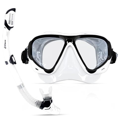 Two Bare Feet Adults Snorkel and Mask Set – Dry Top Silicone Snorkel, Anti-Fog Tempered Glass Dive Mask – Leak-Proof, Adjustable Fit for Swimming, Snorkelling & Diving Holidays (M2006S+S11S (White))