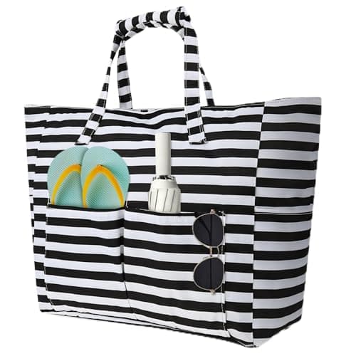 Large Beach Bag for Women with Zipper, Waterproof Summer Beach Tote Bags with Pockets, Holiday Essentials Family Travel Bag with Wet Compartment, Oxford Cloth Shopping Bags(Style 2)