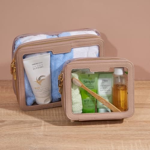 Duo Mocha Vegan Leather Black Toiletry Bag - Clear PVC Waterproof Zippered Wash Bag Organizer - 2 Pack Large & Small — view 2