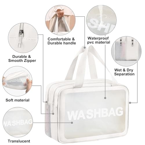 Clear Toiletry Bag, Wet Dry Separation PVC Makeup Cosmetic Bag, Large Capacity PVC Wash Bags with Handles for Women Girls White — view 4