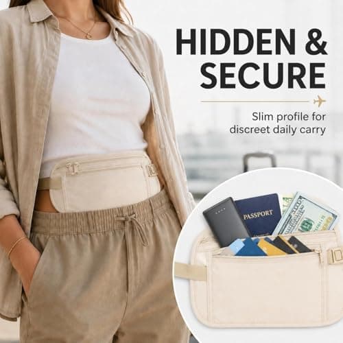 WVGSXBO 2 Pack Hidden Travel Money Passport Belt, Waterproof Anti-Theft Undercover Waist Pouch, Adjustable Secure Wallet for Passport Cash Cards Phone Adults, Black & Beige — view 5