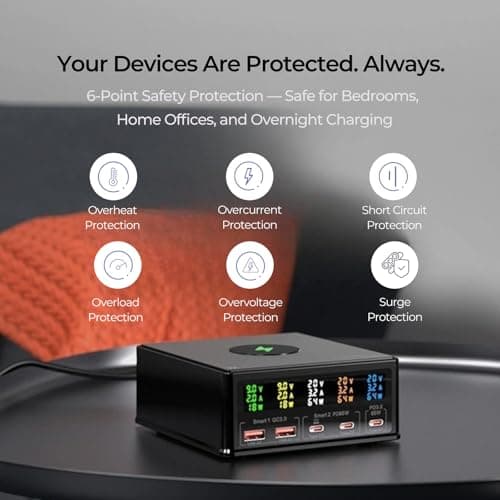 USB Charger Station Multi Port: Desktop 160W Power Fast Charging Hub Wall Block PD 3.0 – 5 Ports with Wireless Pad & Digital Display — view 3