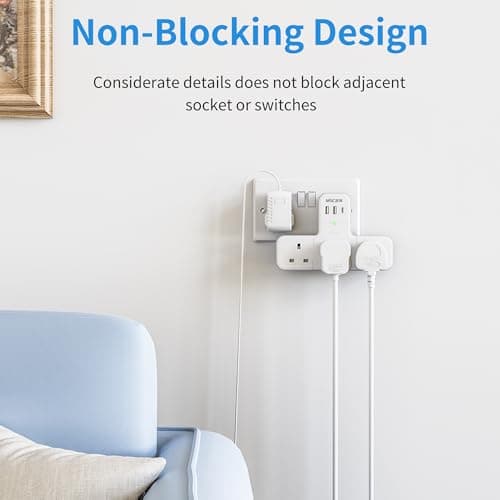 Mscien Multi Plug Adaptor, 6 in 1 Plug Extension Socket 3 Way 3 USB(3.4A,1 Type-C), Wall Socket UK Power Strip with 315 Degree Rotation, Plug Adapter Surge Protected Extender For Home Office — view 6