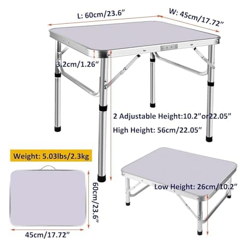 2FT Folding Camping Table with 26cm and 56cm Adjustable Height, Lightweight Portable Camping Tables that Fold up with Carry Handle, Folding Aluminum Picnic Table for Indoor Outdoor Camp Garden Dining — view 3