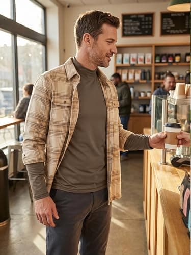 Zengjo Mock Neck Thermal Baselayer Top for Men - Long Sleeve Base Layer Shirt (Light Brown, L) — view 5