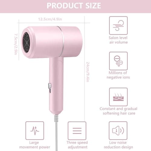 ZOYDP Hair Dryer Travel, Foldable Hair Dryer, Ionic Hairdryer Lightweight with 2 Heat and Cool Button, Silent Hairdryers for Women with 1 Concentrator, Small Hair Blow Dryer for Women Men, Pink — view 2