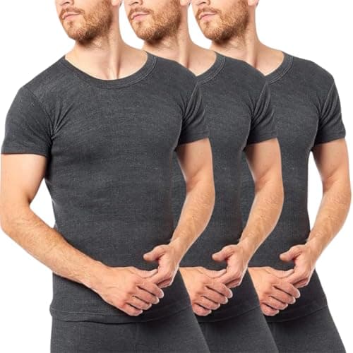 Crazy Fashion Pack of 3 Thermal Tops Men’s - Short Sleeve Plain Round Neck Mens Top Warm T-Shirt Underwear Baselayer Cotton Thermals (3 Pack - Charcoal, XL)