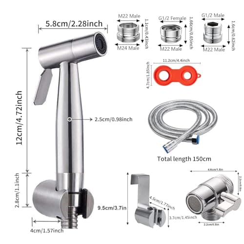 Portable Bidet Sprayer Kit,Stainless Steel Bidet Hand Shower for Bidet Toilet Shower with 2 Way Shower Diverter, 1.5m Shower Hose and Hand Shower Holder — view 2
