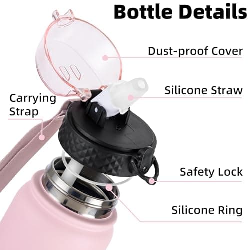 OLDLEY Stainless Steel Water Bottle with Straw 1L Vaccum Insulated Large Drink Flask Metal Water Bottles 1 litre Leakproof Keep Drinks Hot Cold for Bike Camping Sports Gym Adult Women Men(Pink, 1 Lid) — view 2
