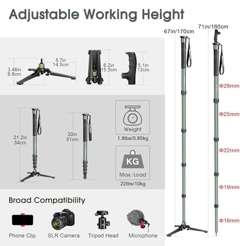 Manbily G-333 Camera Monopod 180cm for DSLR with Feet, Monopods for Cameras 5 Sections Walking Stick Hiking Pole, Mini Tripod Detachable Base, Aluminum Max 10KG Canon Nikon Sony (Olive Green) — view 5