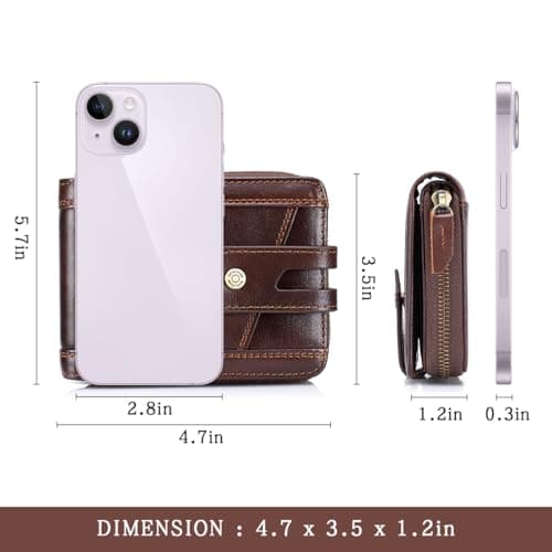 SCHLATUM Zipper Wallet for Men Large Capacity RFID Blocking Genuine Leather Vintage Wallet with Coin Pocket ID Window, Coffee, 4.7 x 3.5 x 1.2 inches, Retro — view 6