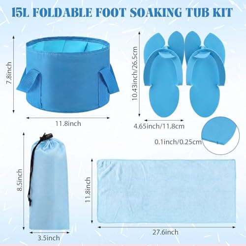 FillTouch 6 Sets Foldable Foot Bath Kit 15L Collapsible Foot Soaking Tub Bathroom Towels Women Adult Foldable Slippers with Storage Bag Spa Soak Pedicure Bath for Travel Camping(Sky Blue) — view 2