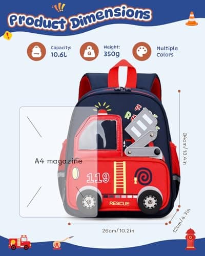 PROTAURI Toddler Backpack Boys with Chest Strap, Kids Backpack 3D Fire Engine Reflective 360° Water Repellent & Lightweight, School Bags Fits DIN A4 for 2-6 Years, 10.6L, Navy Blue — view 6