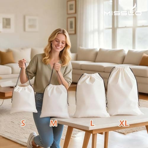 MISSLO Set of 3 Cotton Breathable Dust-Proof Drawstring Storage Pouch Multi-Functional Bag (Beige, Pack 3 S) — view 4