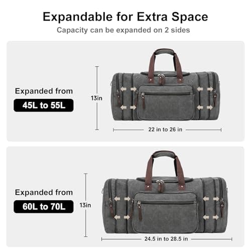 EKOROMIER 70L Large Canvas Travel Holdall for Men – Expandable Duffel Bag – Extra Spacious Weekend Bag for Holidays, Gym & Long Trips – Grey — view 4