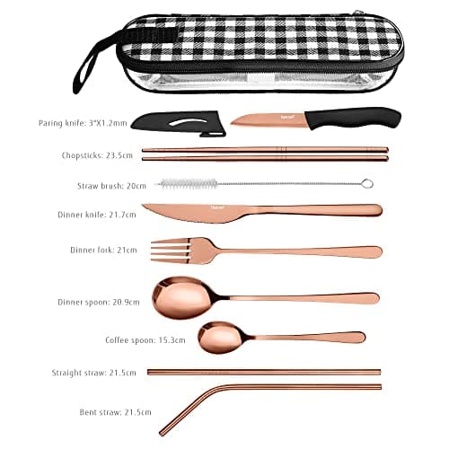 hecef Cutlery Set, 10 Pieces Travel Camping Cutlery Reusable Stainless Steel Cutlery and Organiser - Cutlery Set with Fork, Spoon, Knife etc. (Rose Gold) — view 4
