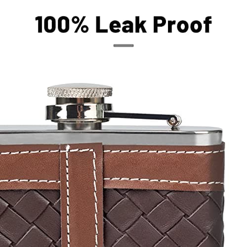LHD HOME Hip Flasks for Men 8oz Leather Flask Gift Set,304 Stainless Steel Flask Set w/Funnel Shot Glasses Lovely Gift for Whiskey Rum Groomsman Best Man Usher Wedding Camping-Leather Stripe Black8oz — view 2