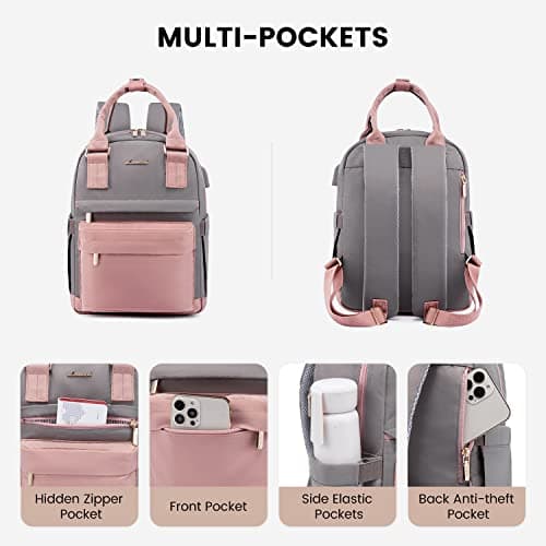 LOVEVOOK Backpack Womens Small Fashion Rucksack Bag for Ladies with USB Port Waterproof Handbag for Girls Anti-theft Mini Casual Daypack City Pack for School Uni Travel, Pink Grey — view 2