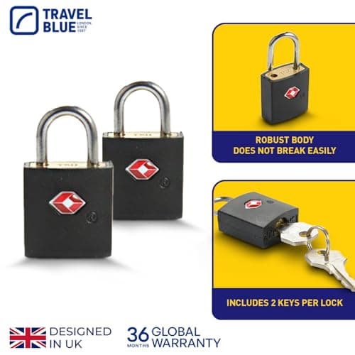 Travel Blue TSA Approved Luggage Padlocks with Key Identi Locks for Suitcases & Travel Bags – Keyed Alike, Solid Brass Body with ABS Coating, Travel Locks for USA & International Travel (Pack of 2) — view 3