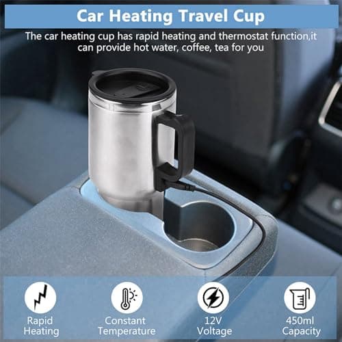 Car Heating Cup, Electric Tea Kettle Mug Heated Travel Portable Stainless Steel Boiler Coffee Drinking Cup Bottle Thermal Water Insulated Airtight Anti Spill Lid Cigarette Lighter Cable 450ml 12V — view 3