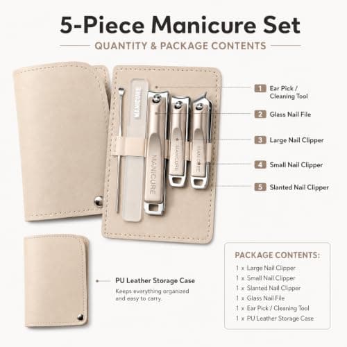 5PCS Manicure Set, Stainless Steel Nail Clippers Kit with Glass Nail File, Portable Pedicure and Grooming Tools in PU Leather Case for Travel and Home - Beige — view 3