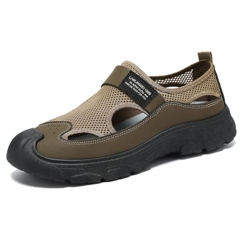Hixingo Men's Sandals Closed Toe Wide Fit Size 7.5-10.5 UK Leather Sandals for Men Summer Beach Slippers Lightweight Adjustable Strap Non-Slip Sole for Walking Pool holiday (Khaki,8)