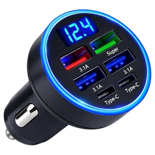LED USB Car Charger Adapter 6 In 1, 2 Type-C Ports Plus 4 USB Ports