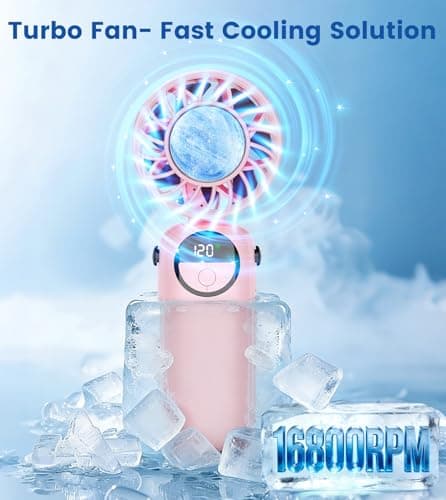 Portable Handheld Fan, 4000mAh High Speed Hand Held Turbo Fan (16800RPM) with Ice Cooler,120 Wind Gear, 90°Foldable, Up to 22 Hrs, Rechargeable USB Face Fan for Travel,Outdoor,Home,Office (Pink) — view 4