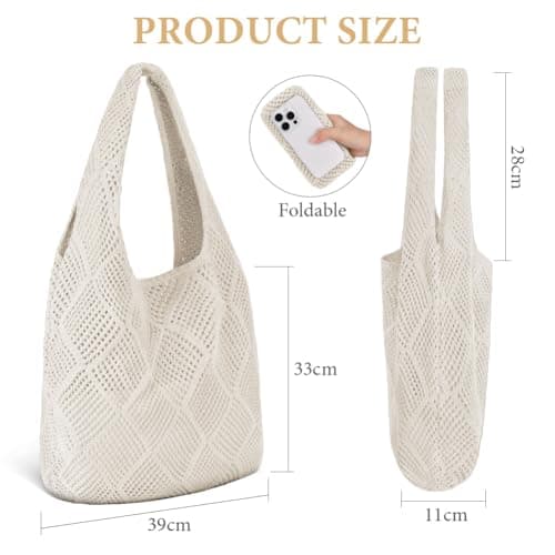 Aucuu Women Knitted Handbags, Retro Hollow Woven Shoulder Bags, Boho Shoulder Bag, Crochet Mesh Tote Bag, Beach Bag for Women, Travel Shopping Handbag for Holiday, Daily Work, Shopping, Travel-White — view 4