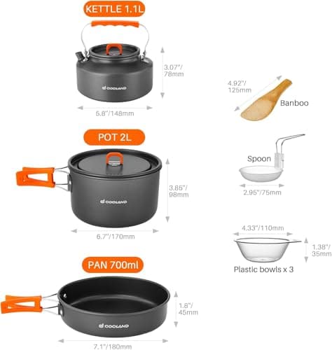 Odoland Camping Cookware Set, Cooking Utensils with Camping Pot, Camping Frying Pan and Teapots for Outdoor Cooking Hiking Travelling for 2-3 People — view 4