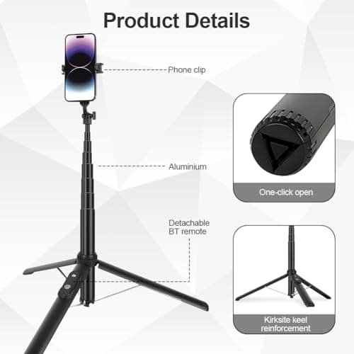 AOOTE Magnetic Selfie Stick Tripod, 154cm Extendable and Portable Selfie Stick with Detachable Wireless Remote＆Phone Clip, Magnetic Attraction Mobile Phone Tripod Stand Compatible with iPhone,Android — view 3