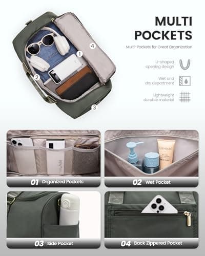 LOVEVOOK Travel Bag Gym Bag for Women, Waterproof Weekend Overnight Holdall Duffle Bags with Toiletry Bag, Shoe Compartment & Wet Pocket, Swimming Beach Bags Hand Luggage Camping Sports Bag, Green — view 3