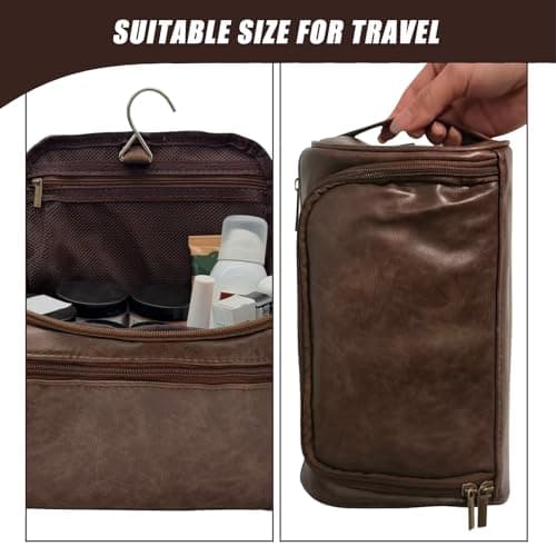 PU Leather Toiletry Bag for Men, Dark Brown Wash Bag for Travel, Gym & Shaving, Dry & Wet Separation with 3 Compartments - Perfect Men's Washbag (TeaColour) — view 4