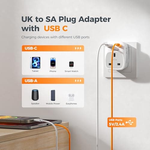 TESSAN UK to South Africa Plug Adapter, Type M Travel Adapter with USB C — view 6
