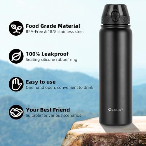 OLDLEY Stainless Steel Water Bottle with Straw 1L Vaccum Insulated Large Drink Flask Metal Water Bottles 1 Litre Leakproof Keep Drinks Hot Cold for Bike Sports Gym Adult Women Men(Black,1 Lid) — view 5