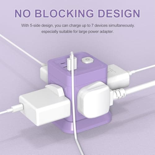 Extension Lead Cube with USB, BEVA 4 Way Power Strip with 3 USB Ports, Desktop Power Extension Socket with 1.5M Extension Cable Cords for Home Dorm Office Travel-Purple — view 5