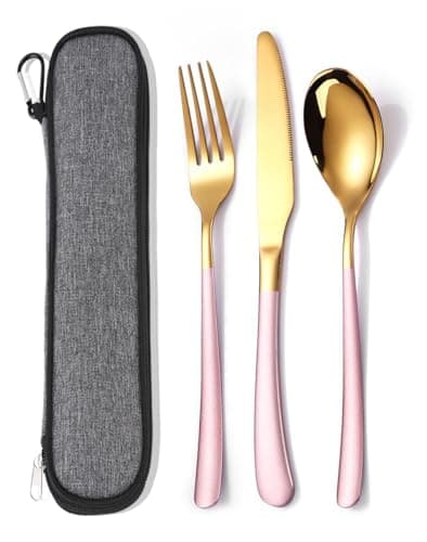 MURRI&MURRDI Stainless Steel Cutlery Set for 1, Reusable Flatware Set with Case, Cutlery Set for Work Stainless Steel Knife Fork Spoon Set 3 Piece (3 Pink Gold)